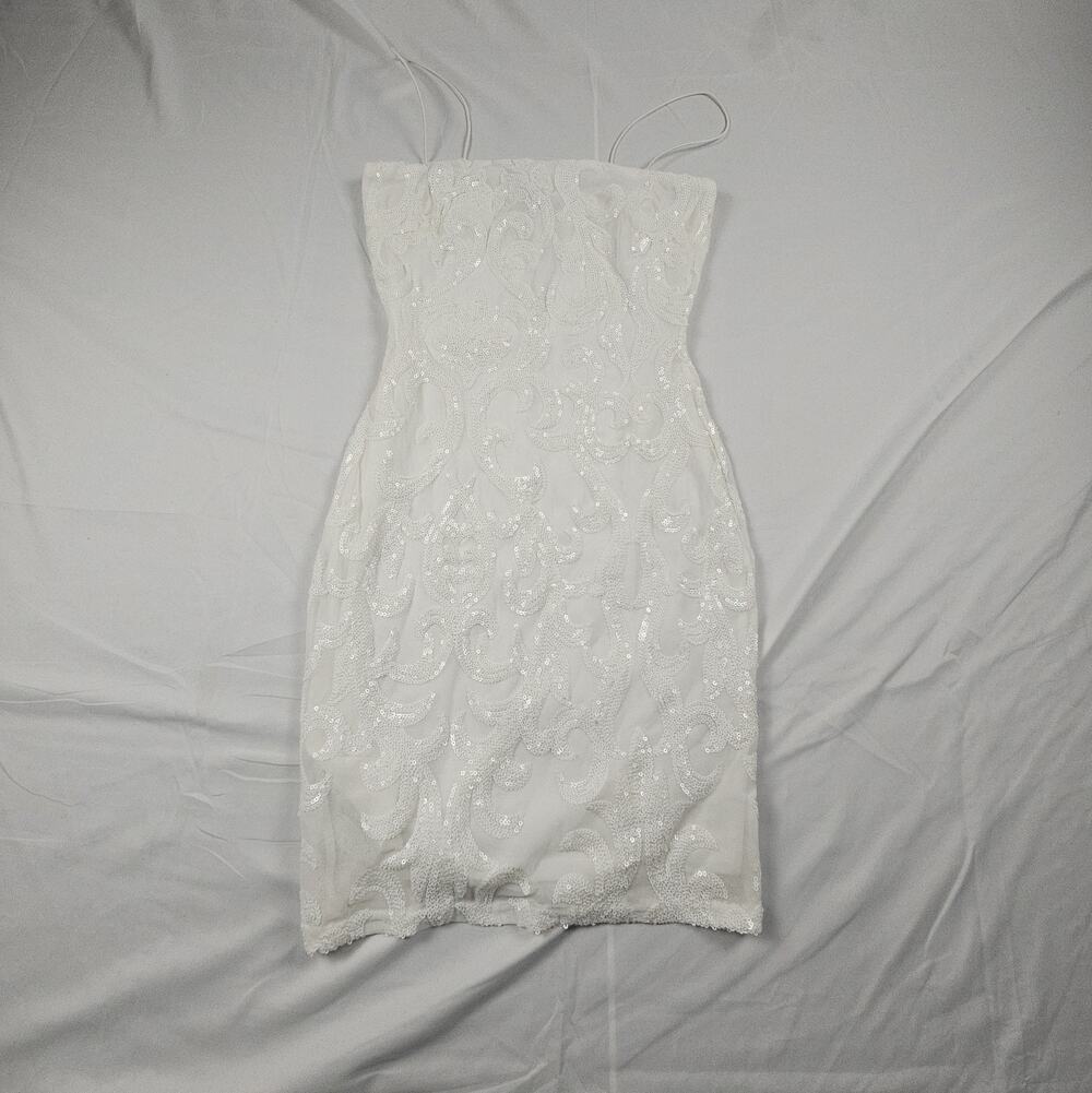 Women's Lace and Sequin Mini Dress White Spaghetti Strap Bodycon by Windsor XS